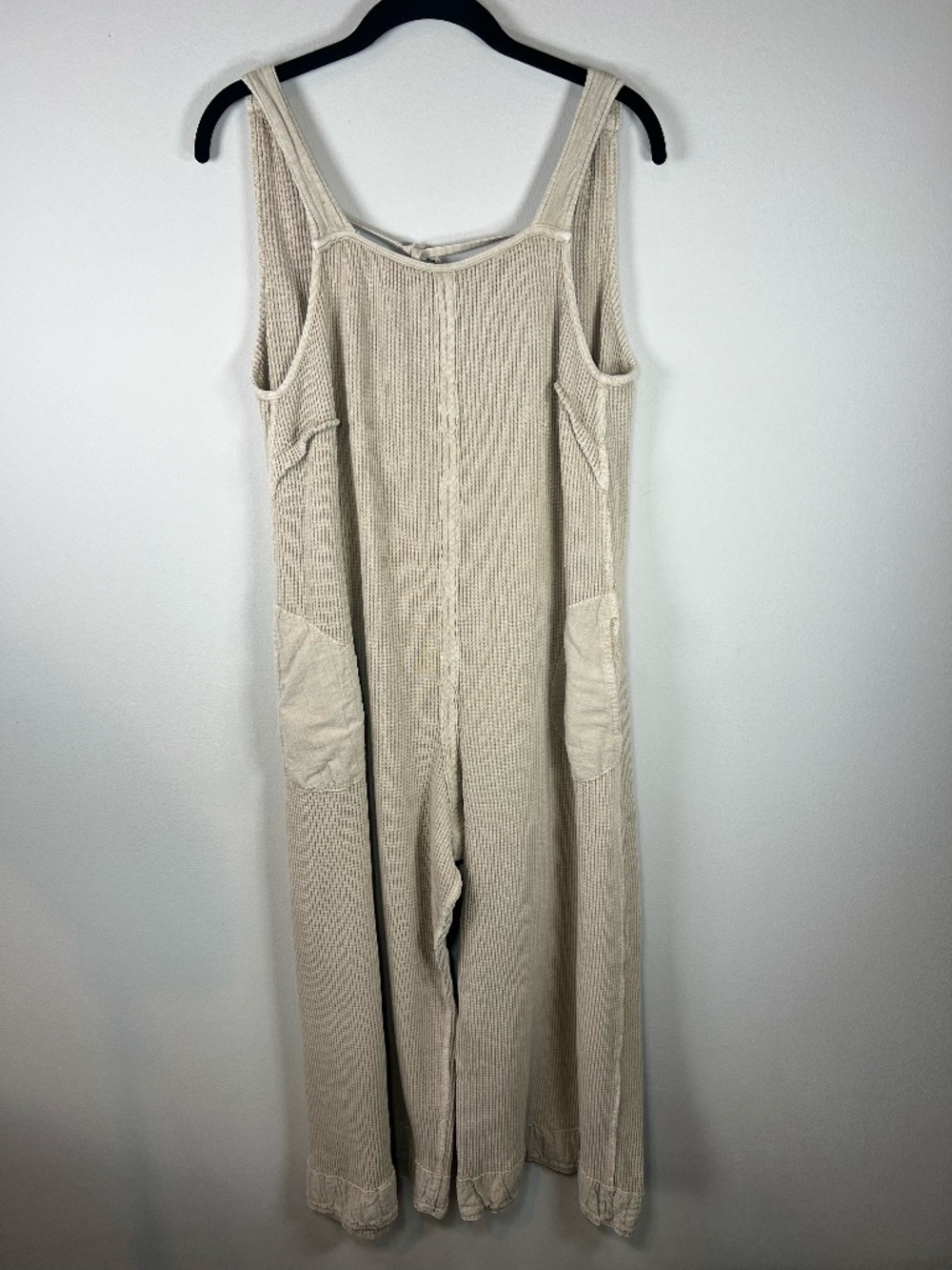 So Me Thermal Waffle Wide Leg Overalls Jumpsuit Tan Pockets Relaxed Boho Fall Sm